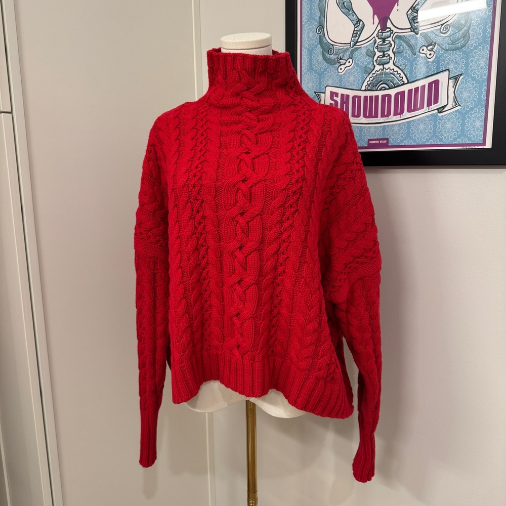 Lauren Ralph Lauren Red Cable Knit Turtleneck Sweater Womens XL Cotton Blend